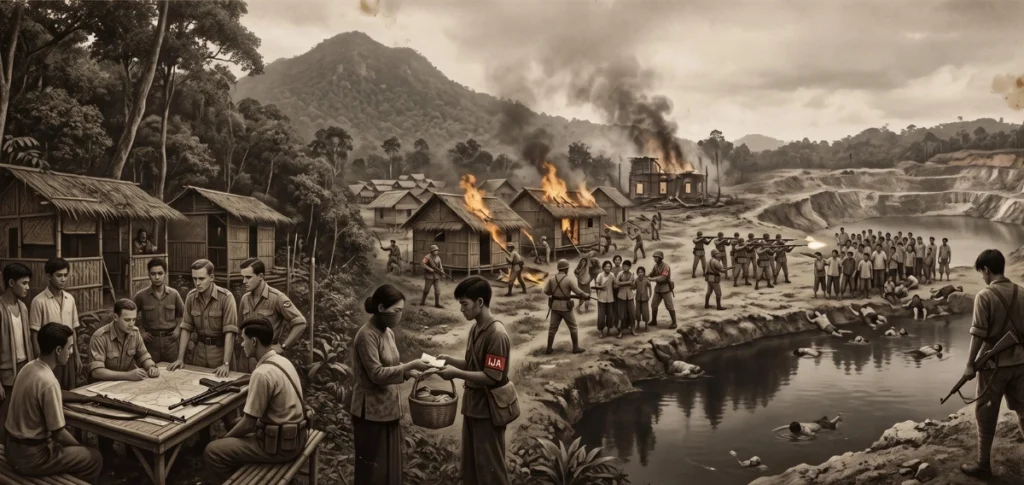 bidor-wartime2 | Bidor, Perak News Historical wartime village scene with huts burning, soldiers planning at a map table, and civilians nearby by a river. An IJA armband is visible on a soldier nearby.